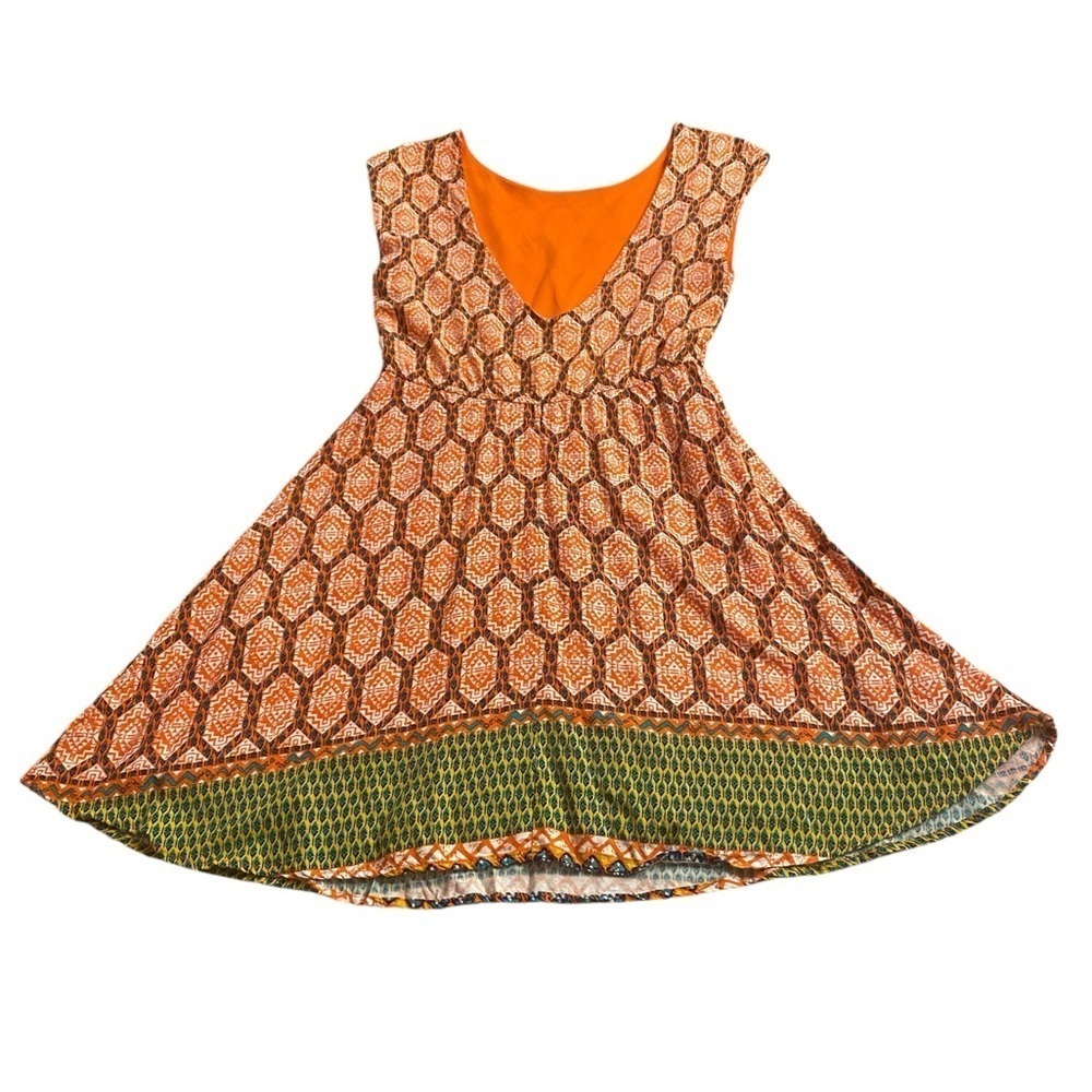 Myan Junior Fit and Flare Dress Orange and Green 100% Rayon. Size Small Vintage